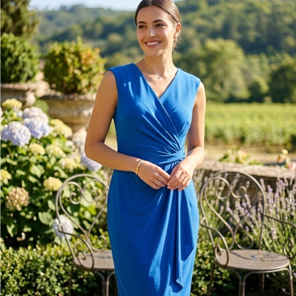 Chaps Sleeveless Cobalt Blue Faux-Wrap Midi Dress